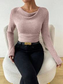 EMERY ROSE 复古不对称垂坠领口拉绒纹理褶饰修身长袖 T 恤罗纹上衣短款上衣毛衣长袖短款上衣短款毛衣女士长袖短款上衣