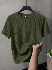 Manfinity Homme Camiseta casual de hombre con cuello redondo y manga corta de unicolor, para verano - Verde militar - Ver 3