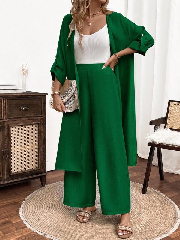 Linhara 2 piezas Conjunto de camisa de manga larga y pantalones de unicolor casual para mujer
