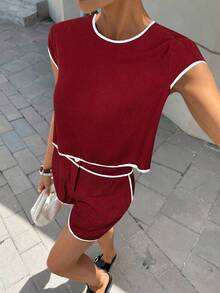 Siren Gaze Ensemble short femme d'été de couleur unie avec bordure contrastée, tenue 2 pièces en lin pour femmes - Rouge foncé - Voir 3