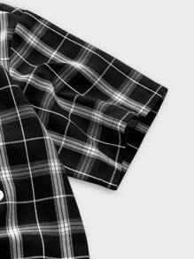 ROMWE MEN Paul Frank X ROMWE Áo sơ mi nam tay ngắn họa tiết kẻ caro và chữ cài nút phía trước mùa hè - Nhiều màu - Xem 5