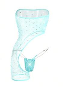 ChaseTheNight 2pcs Sexy & Glamorous Asymmetric Design Rhinestone Decor Sheer Romper + G-String Women Lingerie Set For Rave, Going Out - Mint Green - View 2