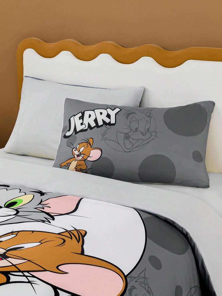 TOM & JERRY X SHEIN 3pc Cartoon Pattern Gray Quilt Cover Set, Soft, Comfortable, Warm, Machine Washable, Suitable For Single Bed/Double Bed/Queen Bed/King Bed, Dormitory/Home - Grey - View 5