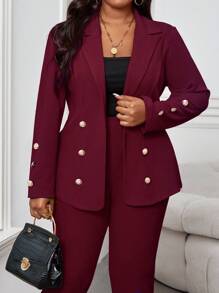 SHEIN Lady 秋冬优雅红色针织翻领纽扣长袖加大码仿皮草外套情人节新年女装 - 酒紅色 - 查看 5