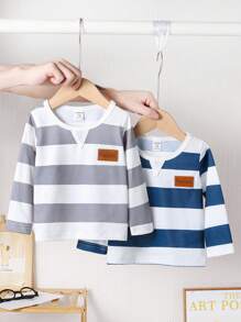 SHEIN Playful Pals 2 Stücke Baby Jungen Lässig Grau & Blau gestreifte bequeme Rundhals Langarm T-Shirts, geeignet für den täglichen Gebrauch, Zuhause, Sport, Frühling/Herbst