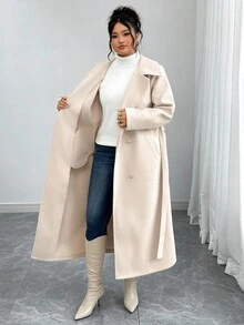 Elenzga Plusstorlek Dam Enfärgad Knyt Midja Dubbelknäppt Långärmad Elegant Högkvalitativ Romantisk Lång Yllekappa Beige Kappa Vinterkappa Dam Neutral Kappa Dam Trenchcoat Klassisk Damkappa - Aprikos - Visa 5