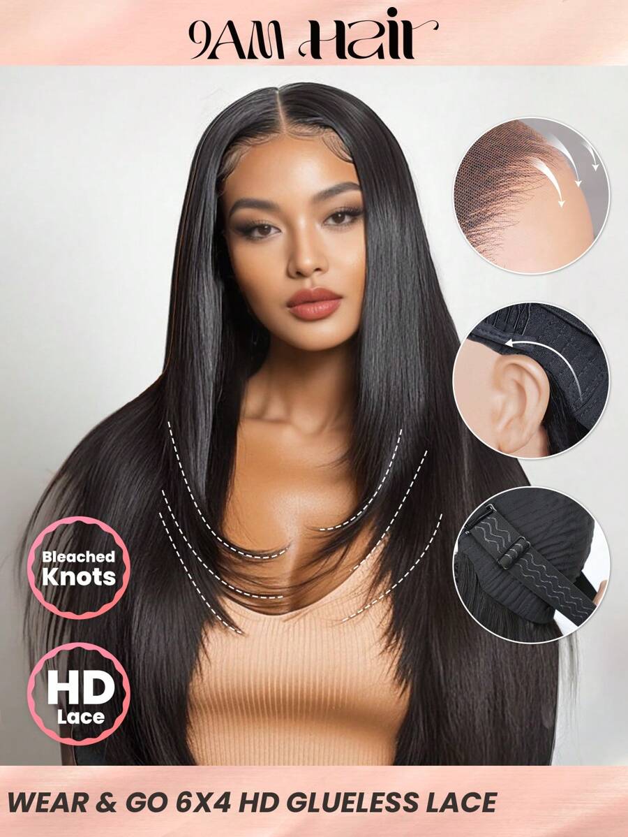 TrueHD 直发层次剪裁，无需胶水即可佩戴，6x4预剪高清蕾丝闭合，180%密度，16-24英寸，预漂白，细小发结，时尚假发，100%真人发，预拔毛，自然发际线，日常佩戴，丝滑柔顺，适合女性，情人节真人发蕾丝假发，自然无胶假发，浪漫约会之选。 - SNatural - 查看 1