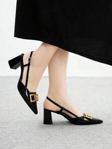 CUCCOO BIZCHIC Women's Pointed Toe Chunky High Heel Black Shoes With Gold Buckle Strap, All-Match Minimalist Design, Versatile For Work And Commute - Black - View 3