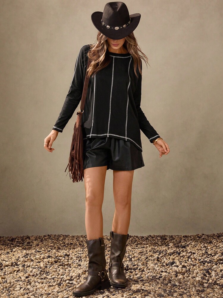 Wildy 休闲美式乡村风格宽松撞色饰边露背长袖 T 恤黑色西部上衣西部女装女士西部服装西部女装女士牛仔西部女装女士西部服装女士西部服装女士秋冬外出西部服装 - 黑色 - 查看 7
