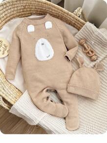 SHEIN Newborn Baby Girls Cute Cartoon Bear Hooded Romper With Hat, Autumn/Winter Fall - Camel - View 7