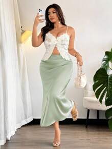 Firerie Plus Size Women Green Satin Mermaid Skirt, Romantic Fitted Back To School Fall