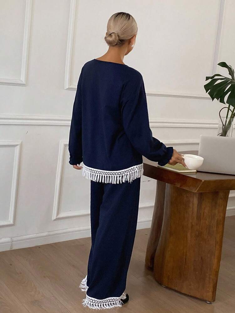 Women's Contrast Color Tassel Trim Loungewear Set, Fall Clothes Pajama