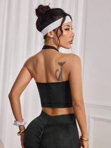 Dewbera Women's Charcoal Gray Summer Athletic Gym Seamless Sports Yoga Double Layer Racerback Tank Top,Hollow Back Ribbed Crop Top With Removable Cups Bra - Black - View 2
