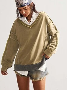 Bohemela Boho Autumn/Winter Vintage Casual Women's Casual Solid Color V-Neck Long Sleeve Loose Knit Oliver Green Sweatshirt Earthy , Western Country Style Concert Vacation, Suitable For Vacation & Daily Wear & Back To School & Going Out, Halloween