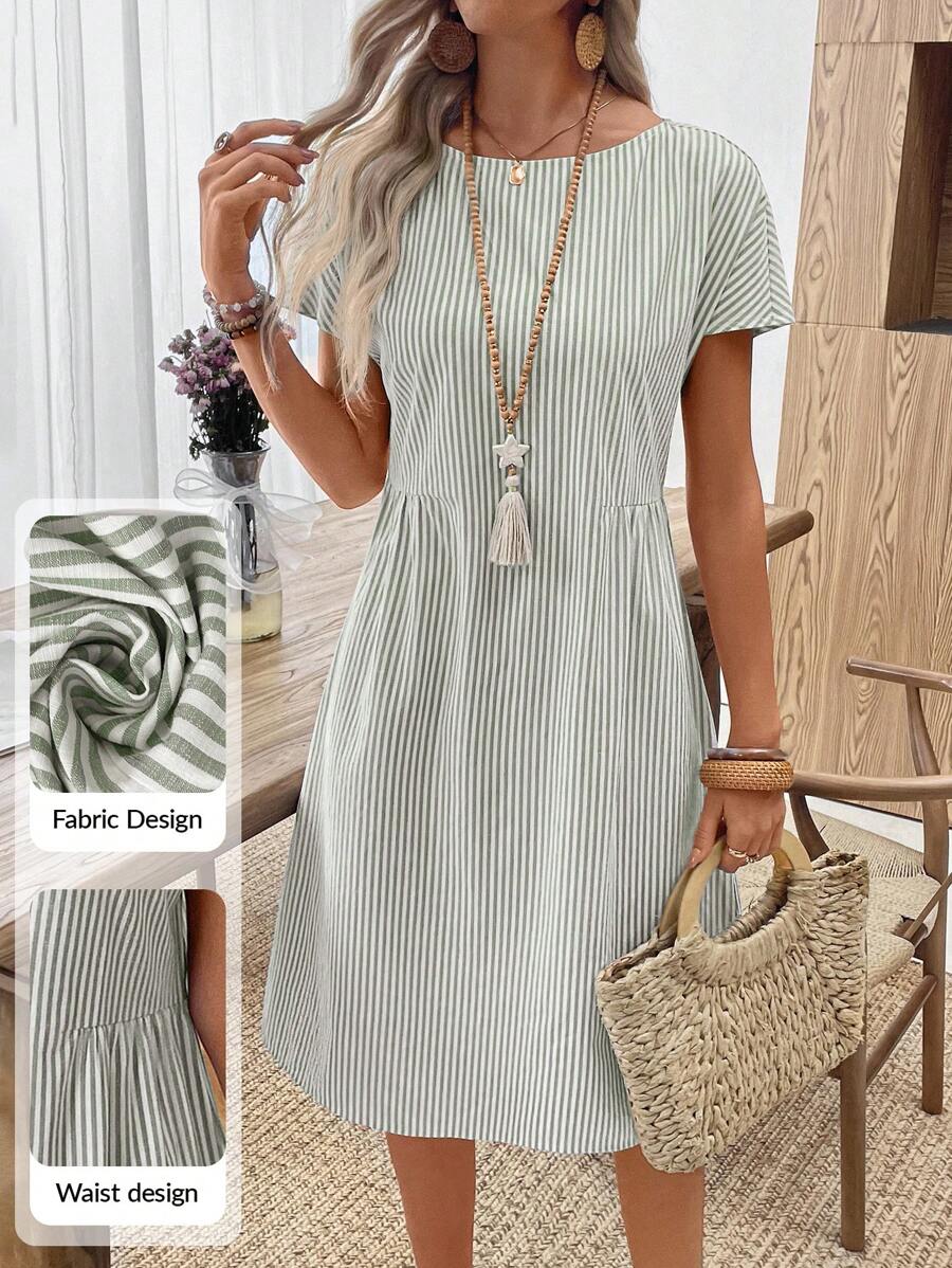 EMERY ROSE Váy cổ tròn sọc thường ngày mùa hè cho nữ Váy thường ngày mùa hè Váy ngắn tay mùa hè Váy sọc mùa hè Váy mùa hè cho nữ - màu xanh lá - Xem 1