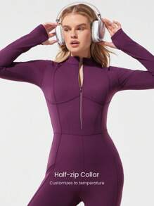 GLOWMODE Bộ jumpsuit dài tay 24" FeatherFit™-Air Bold Glow, chất liệu mềm mại, thoáng khí, thấm hút mồ hôi, khóa kéo phía trước, eo kiểu corset, sọc tương phản, lỗ xỏ ngón tay cái, lưng chữ V sâu, mút ngực có thể tháo rời, thích hợp cho hoạt động thể thao hàng ngày nhẹ nhàng, mùa xuân hè. - Cola anh đào - Xem 5