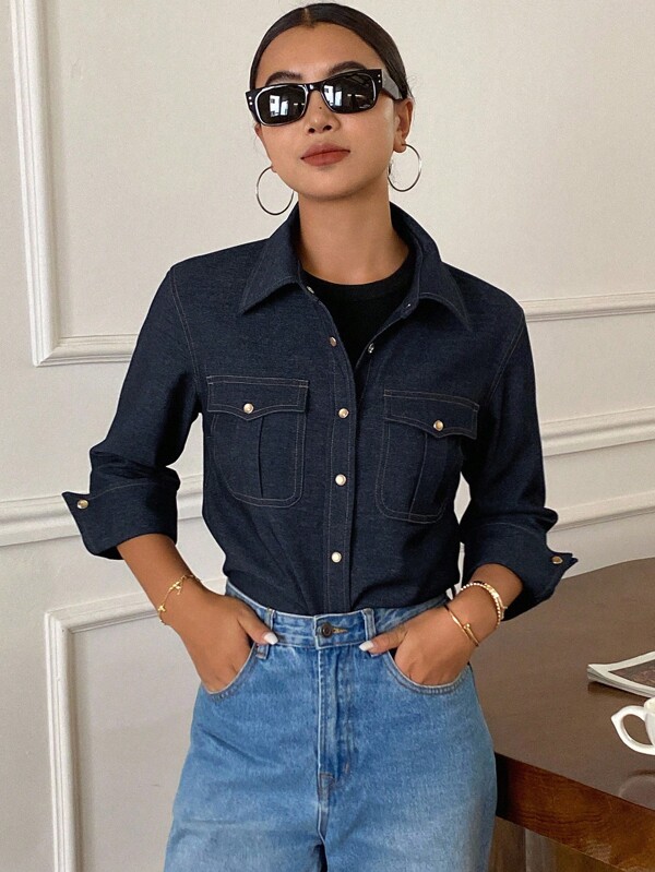 DAZY Women's Casual Elegant Contrast Color Striped Collared Pocket 3/4 Sleeve Blouse, Suitable For Spring And Autumn