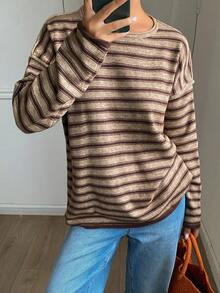 DAZY Women's Loose Striped Crew Neck Long Sleeve Casual Sweater, Spring/Autumn,Fall Women Clothes - Brown - View 4