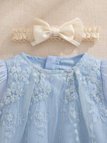 Souflis Souflis Baby Girls' Princess Style Beige Embroidered Mesh Puff Sleeve Dress, Suitable For Birthday Party, Evening Party, Daily Wear, Spring/Summer - Blue - View 5