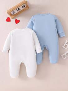 SHEIN 2件套新生儿简约条纹心形和英文字母印花长袖长腿连体衣家居服套装 - 藍白色 - 查看 2