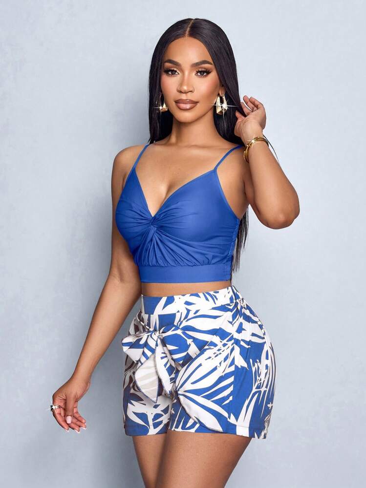 Spring And Summer Women's Sleeveless Spaghetti Strap Twist Front Gathered Open Back Top And Tie Front Panel Shorts Woven 2-Piece Set, Brick Red Floral Print - Blue and White - View 3