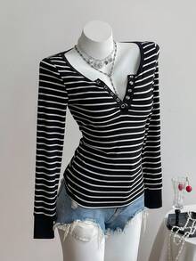 Elamini Áo thun cổ tròn tay dài ôm sát, vải sọc đen trắng, không cổ, khóa kéo nửa, cài nút, thiết kế tối giản, phong cách đường phố thường ngày, trang phục cổ điển, đa năng cho phụ nữ vào mùa xuân/thu - Đen và trắng - Xem 4