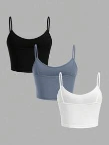 SHEIN EZwear 3件裝黑色藍色白色女款修身短版休閒背心，適合夏季 - 彩色 - 查看 2
