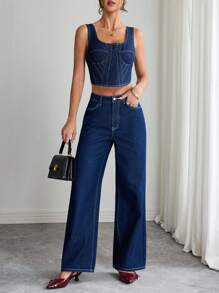 Elenzga Conjunto de top corto sin espalda y pantalones vaqueros para mujer, ideal para el día a día - Azul lavado oscuro - Ver 1