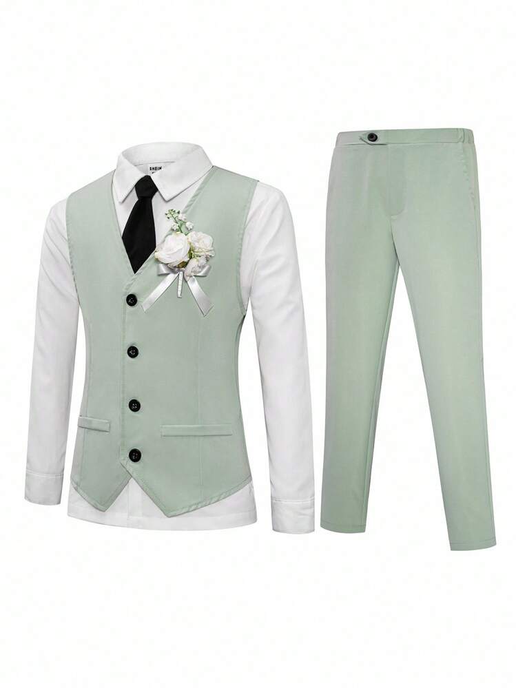 SHEIN 2pcs Set Tween Boys' Korean Slim Fit Formal Wedding Banquet Piano Recital Emcee Vest Outfit. Loose Casual Asymmetrical Vest + Straight Casual Pants - Mint Green - View 3