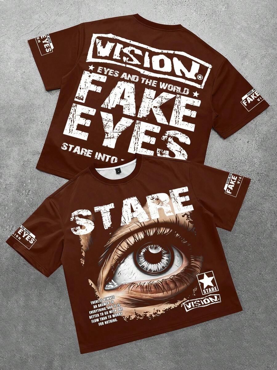 PAVTROS Camiseta de manga corta de cuello redondo con estampado de letra y ojo, casual de verano para hombres - Multicolor - Ver 1