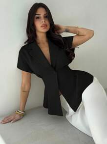 Firerie 女士休闲/办公亚麻束腰短袖西装外套，杏色，秋冬夏季 - 黑色 - 查看 3