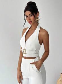 Firerie 女士新款杏色V领露背吊带衫，配腰带，优雅/通勤/休闲/度假/派对/约会/性感 - 白色 - 查看 6
