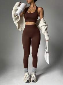 Easithlete 女士时尚纯色弹力露背运动文胸和紧身裤 2 件套运动服套装健身套装女士健身套装女士紧身裤套装