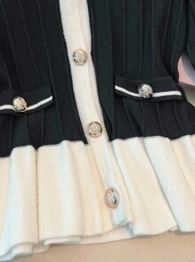 Franclia Women's Casual Ruffled Hem Long Sleeve Cardigan Fall Winter Cloth For Women - Black and White - View 4