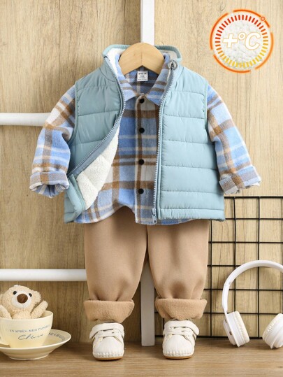 SHEIN 3 件套男婴格子衬衫、裤子和羊毛背心，适合秋冬季室内、户外、日常、运动、玩耍、派对、拍照、节日、狂欢、滑雪