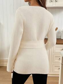 SHEIN 孕妇休闲刺绣系带裹身毛衣，秋冬 - 白色 - 查看 2