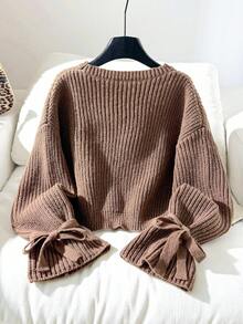SHEIN 少女秋冬棕色咖啡色针织罗纹袖口蝴蝶结宽松套头毛衣，适合秋冬休闲日常穿着，可与妈妈搭配，时尚秋季，母女棕色针织毛衣，袖口系带 - 鏽棕色 - 查看 4