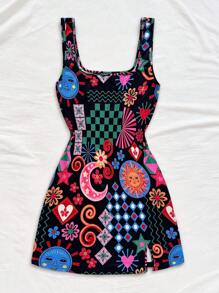 Soleia Plus Size Vacation Funny Pattern U-Neck Backless Mini Dress, Suitable For Music Festival, Bohemian, Holiday, Date, Valentine's Day Afternoon Tea - Multicolor - View 3