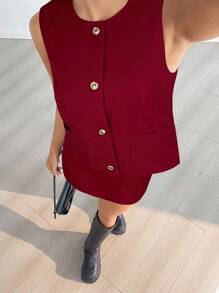 SHEIN EZwear 女士勃艮第色单排扣背心和裙子休闲两件套 - 酒紅色 - 查看 6