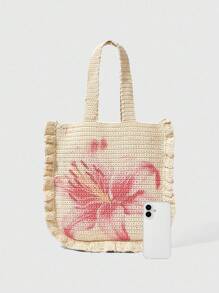ROMWE Fairycore Borsa da spalla casual da spiaggia con stampa floreale tessuta - Bianco - Visualizzare 4