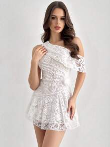 Firerie Asymmetrical Neck Cinched Waist Romantic Floral A-Line Lace White Mini Dress, Elegant For Dates, Parties, Vacations - White - View 4