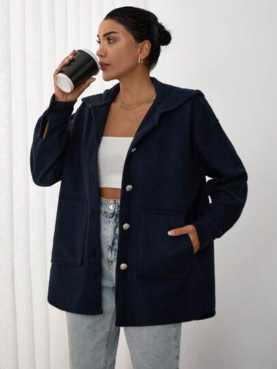 EURMUSE Solid Color, Gold Button Details, Hooded, Jackets