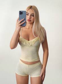 Sweetina 女式半透明淡黄色蕾丝吊带背心和短裤两件套 - Butter Yellow - 查看 3