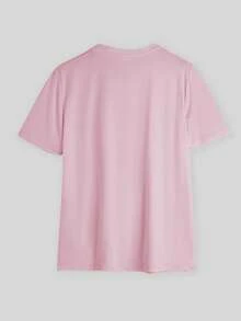 SHEIN 女士休闲圆领短袖T恤，带笑脸印花，夏季 - 藕粉色 - 查看 2