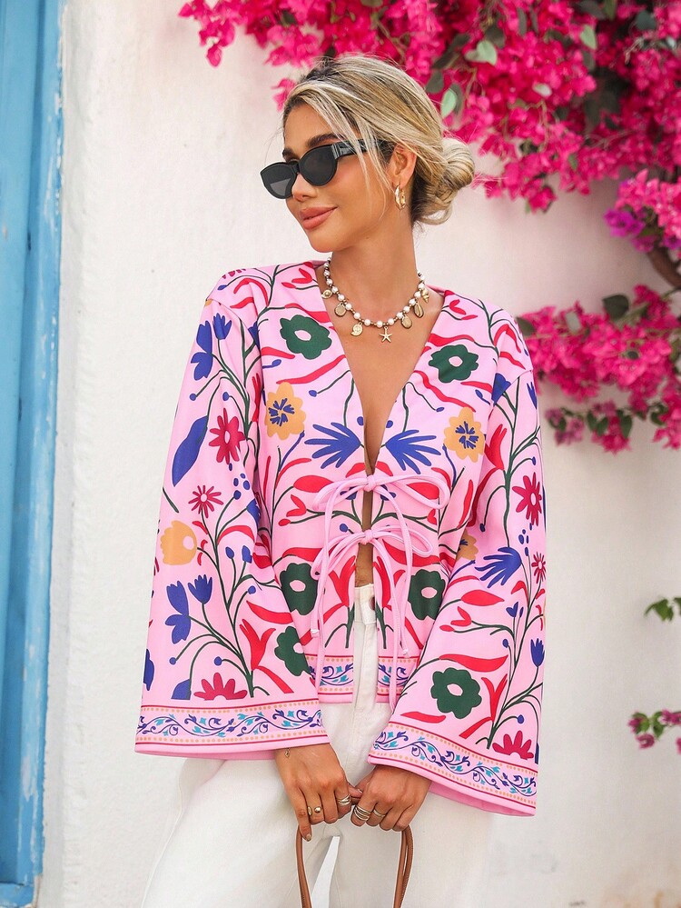 Vivid Eden Chaqueta ligera con estampado colorido de manga larga y lazo delantero para mujer, chaqueta rosa, cárdigan de verano, cárdigan floral, cárdigan bohemio, chaqueta con lazo delantero, chaqueta con estampado floral, atuendos de "Old Money" para mujer en otoño/invierno - Rosa - Añade 3