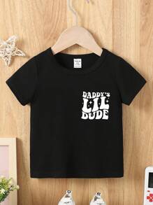 Baby Boys' Casual Fashion Creative Star Shaped Funny Letter Slogan Graphic Print Basic Short Sleeve T-Shirt, Summer Daddy's Lil Dude Shirt Baby Boy Tee Graphic - Black - View 2