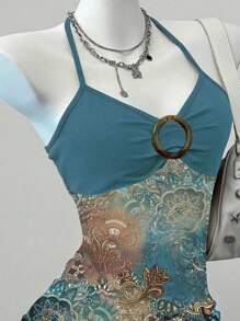 SHEIN EZwear 印花网眼性感吊带系带露背女式衬衫