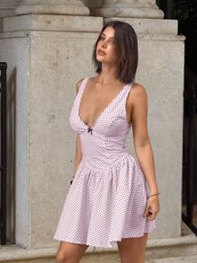 Siren Gaze 夏季新款粉色波点深V领连衣裙，毕业典礼礼服，优雅连衣裙 - 粉色 - 查看 7