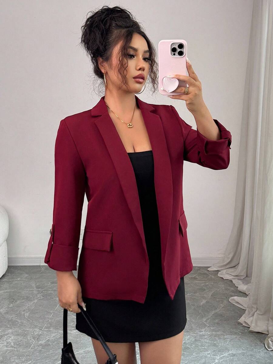 Chiquease Women's Solid Color Lapel Roll Up Cuff Long Sleeve Casual Blazer Jacket - Burgundy - View 1