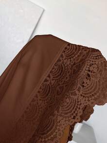 SHEIN Essnce Plus-Size Women Contrast Lace Button Up Blouse, Valentines Autumn Going Out Tops,Spring Rave Festival,Fall Clothes For Women - Brown - View 7